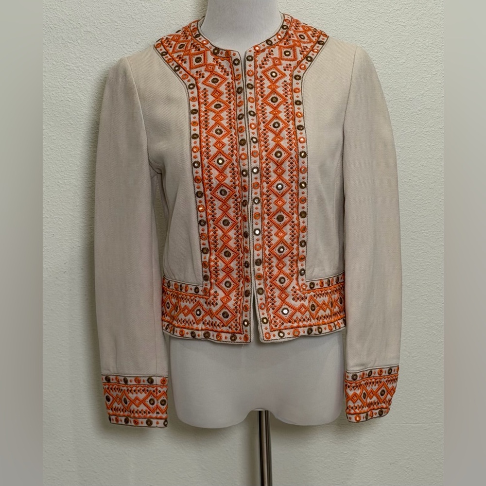 Vintage Bianca Nygard Women’s Embroidered Silk Jacket 8 Boho Mirror Cream Orange